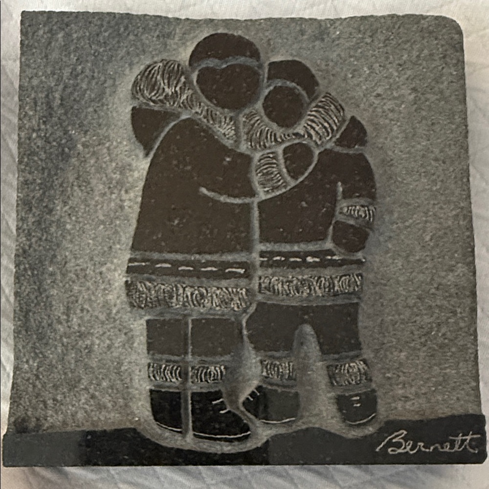 Vintage David Bernett Inuit Relief Stone Carving "Just Pals" Signed